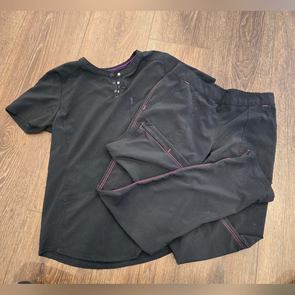 Black Scrub Set with Purple Accents